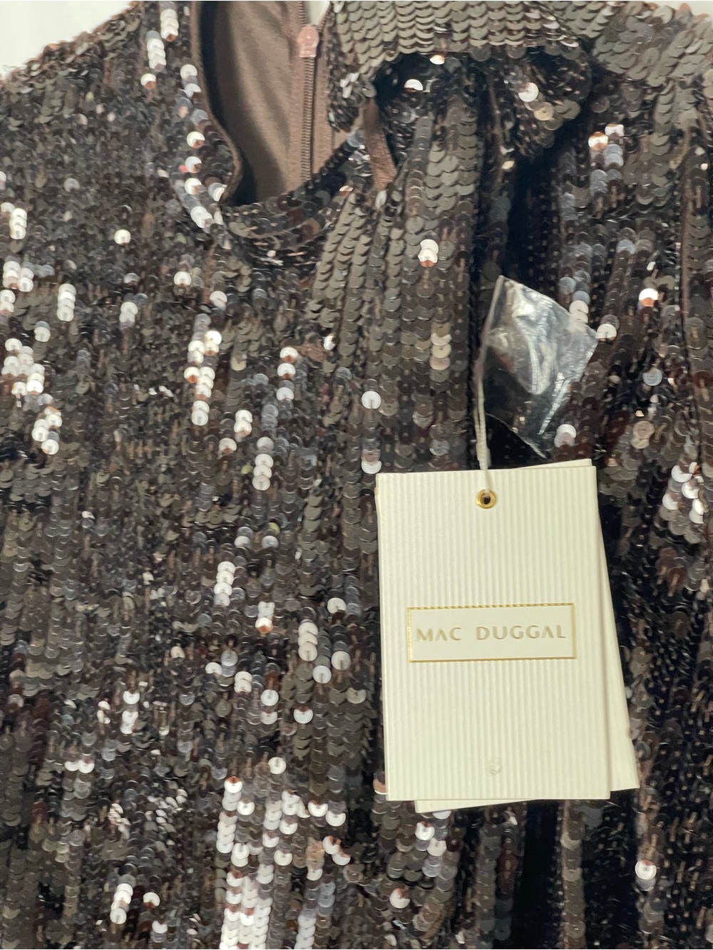 NEW MAC DUGGAL sequin long sleeve tea length dress in dark chocolate